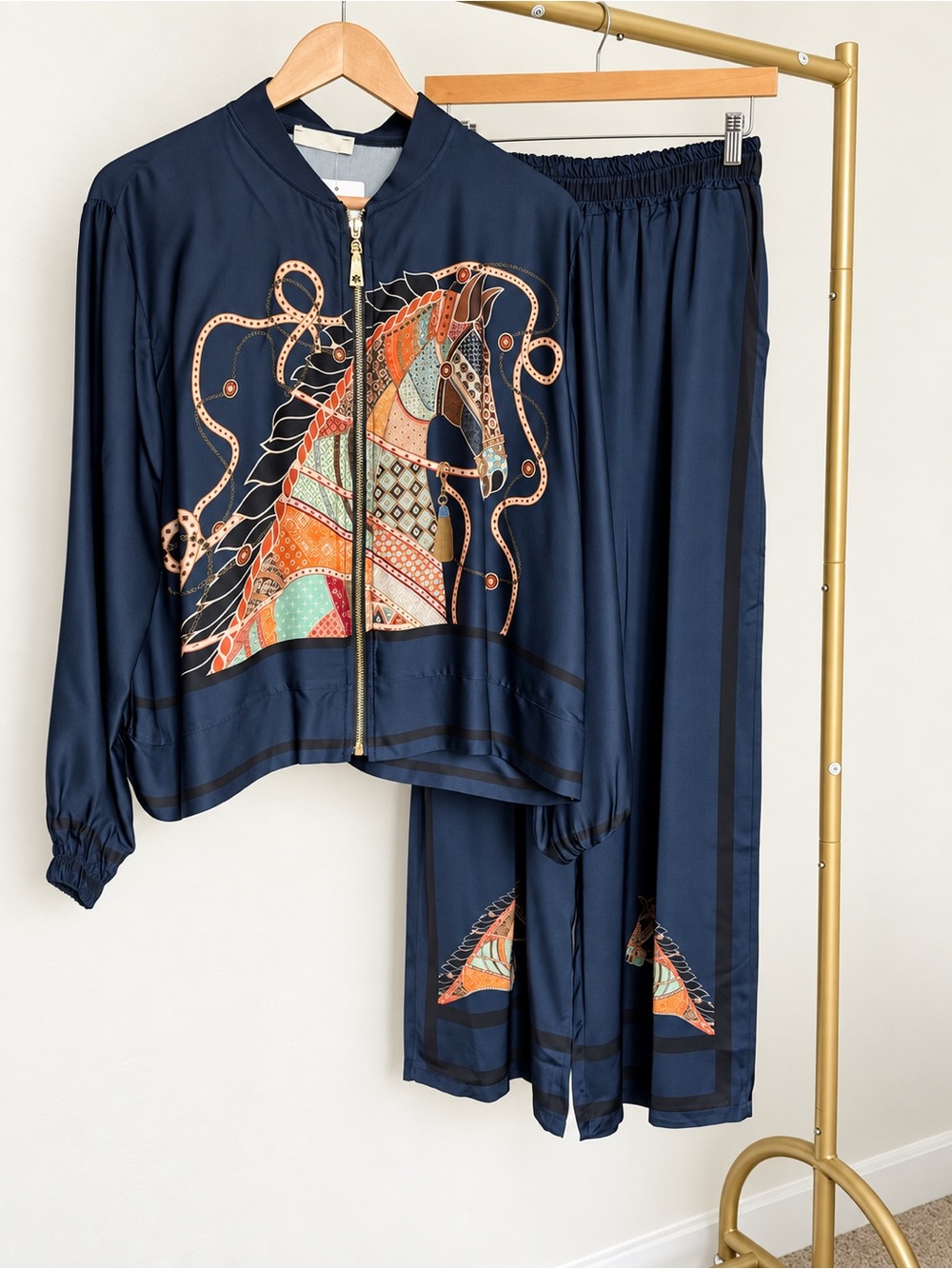 IT022 🇮🇹 Made in Italy Navy Horse Print Jacket & Wide-Leg Pants Set